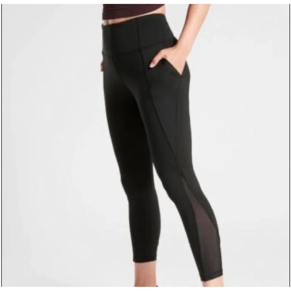 Athleta Lightning Tight Black Mesh Inset High Rise Cropped Leggings M TALL